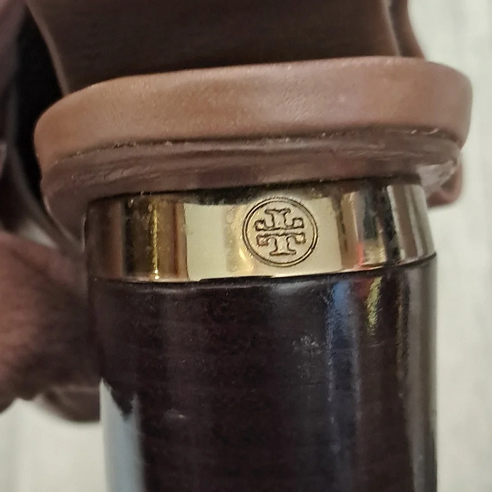 Tory Burch Slingback Saddle Leather Block Heal Mule Sandle Mushroom Size 8.5